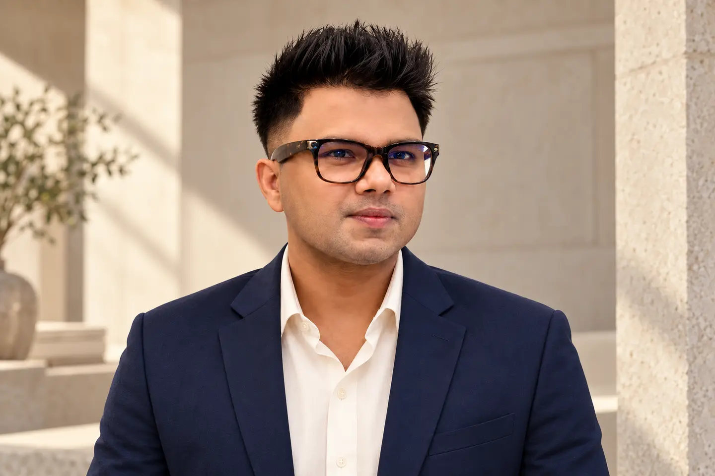 Eyeglasses wearer in a warm architectural setting