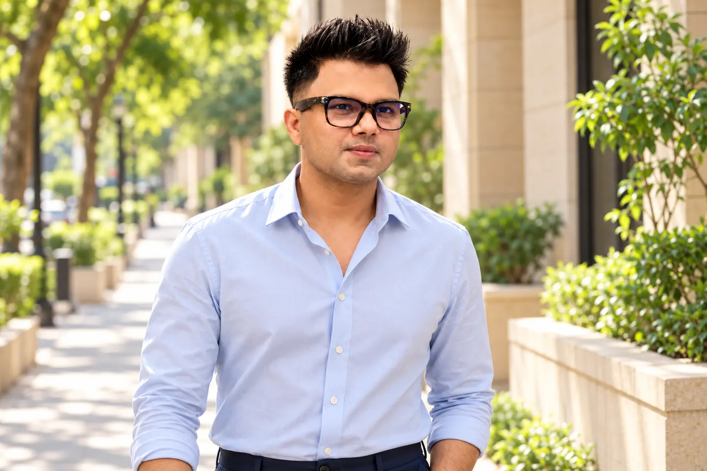 Eyeglasses wearer on a leafy sunlit city avenue