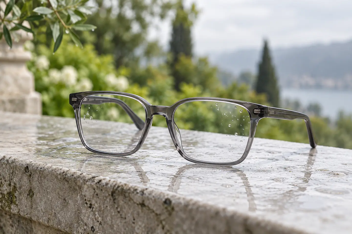 Small water beads on a pair of clear optical lenses
