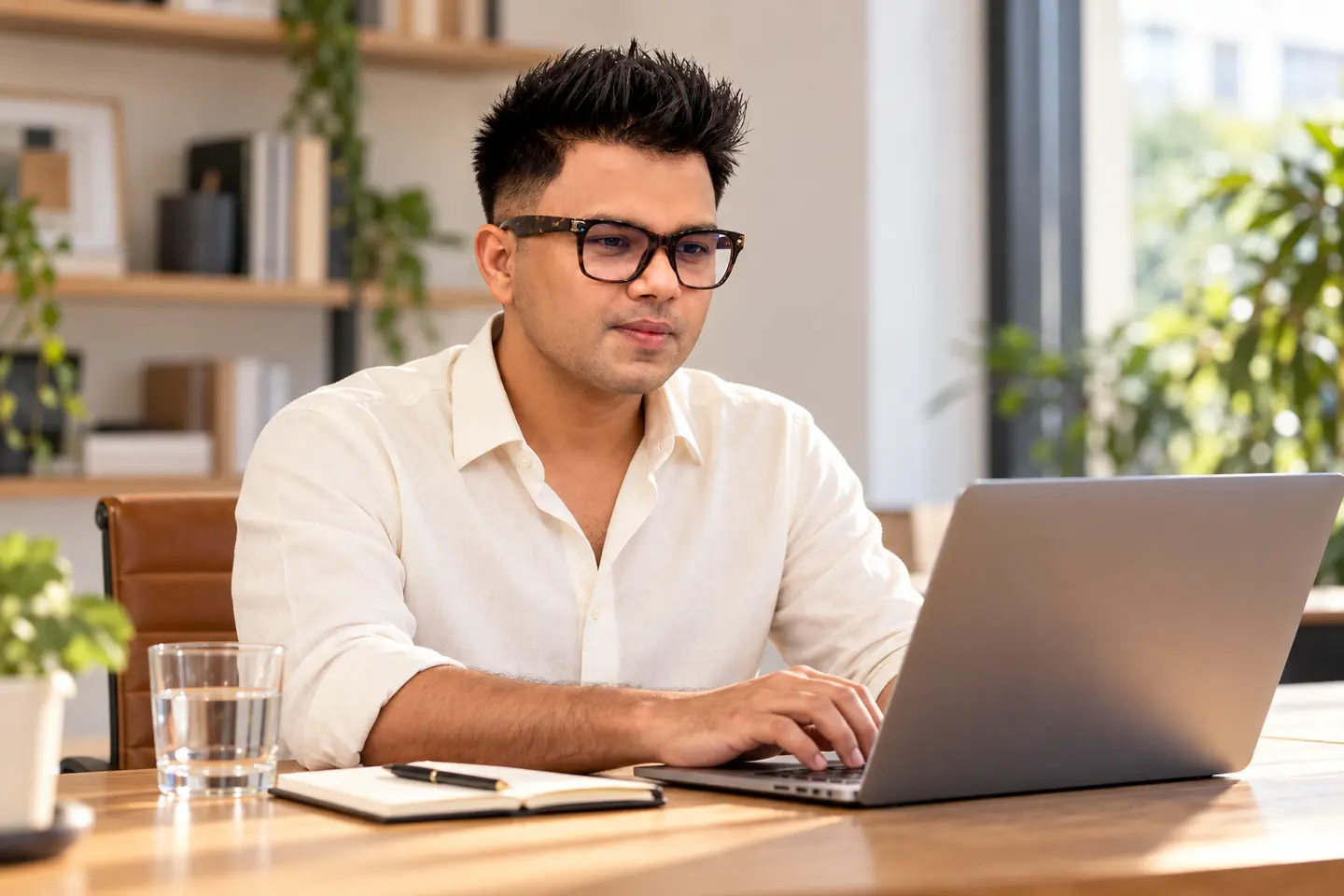 Eyeglasses wearer working at a laptop in natural light