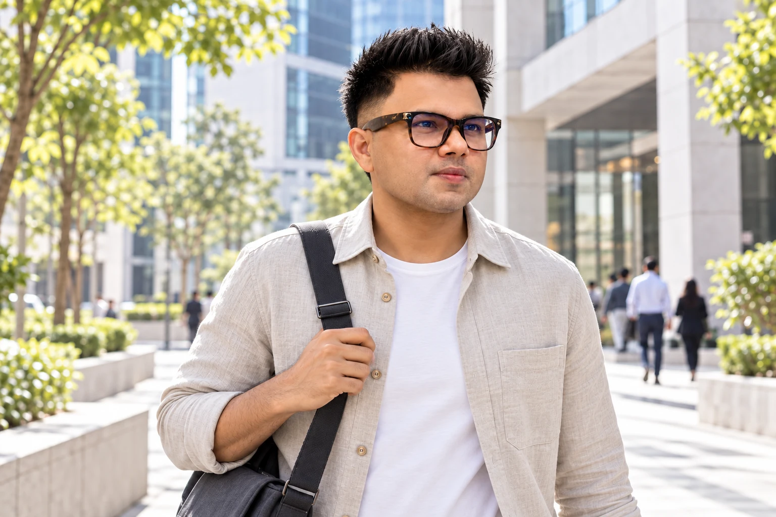 TRIVEW lifestyle scene: a man wearing clear prescription glasses outdoors in bright city daylight