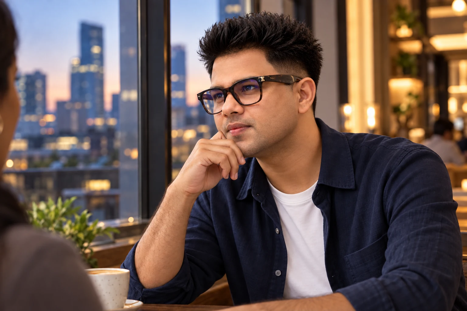 TRIVEW lifestyle scene: a man in clear glasses with a subtle violet reflection at an evening cafe
