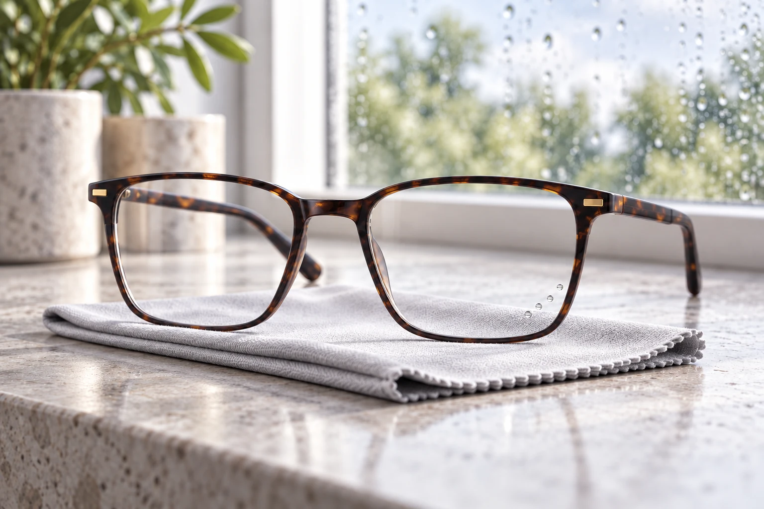 Clear tortoiseshell eyeglasses with tiny water beads resting on a clean microfiber lens cloth