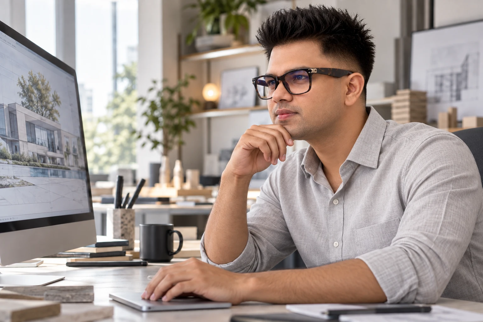 TRIVEW lifestyle scene: a man in clear tortoiseshell glasses working at a computer in morning daylight