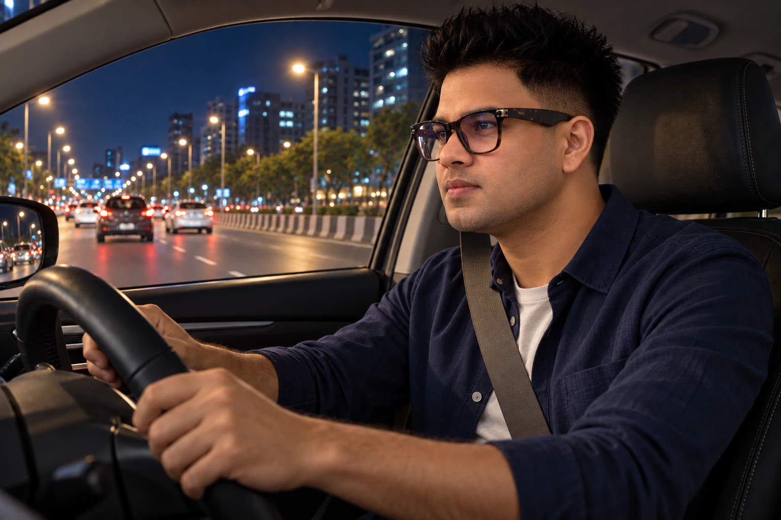 TRIVEW lifestyle scene: a seat-belted driver wearing clear eyeglasses at night with city traffic outside