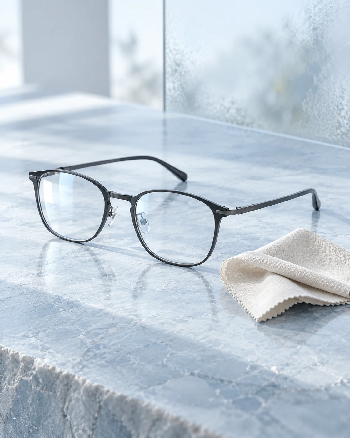 Clear eyeglasses and a dry lens cloth in an OFF studio campaign scene