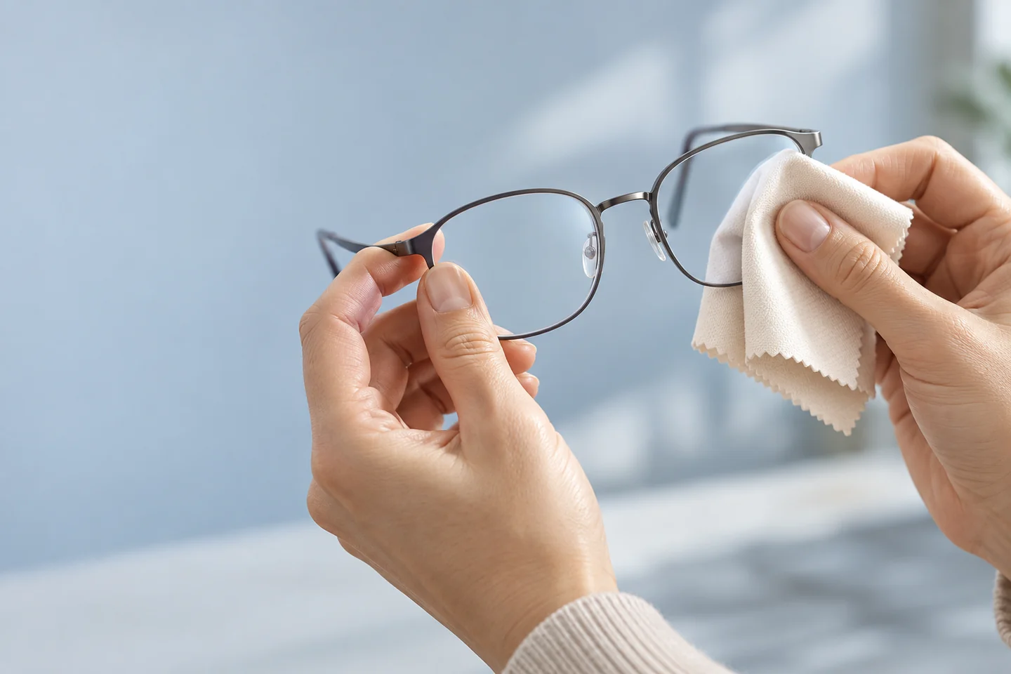 Hands gently wiping an eyeglass lens with a dry microfiber cloth